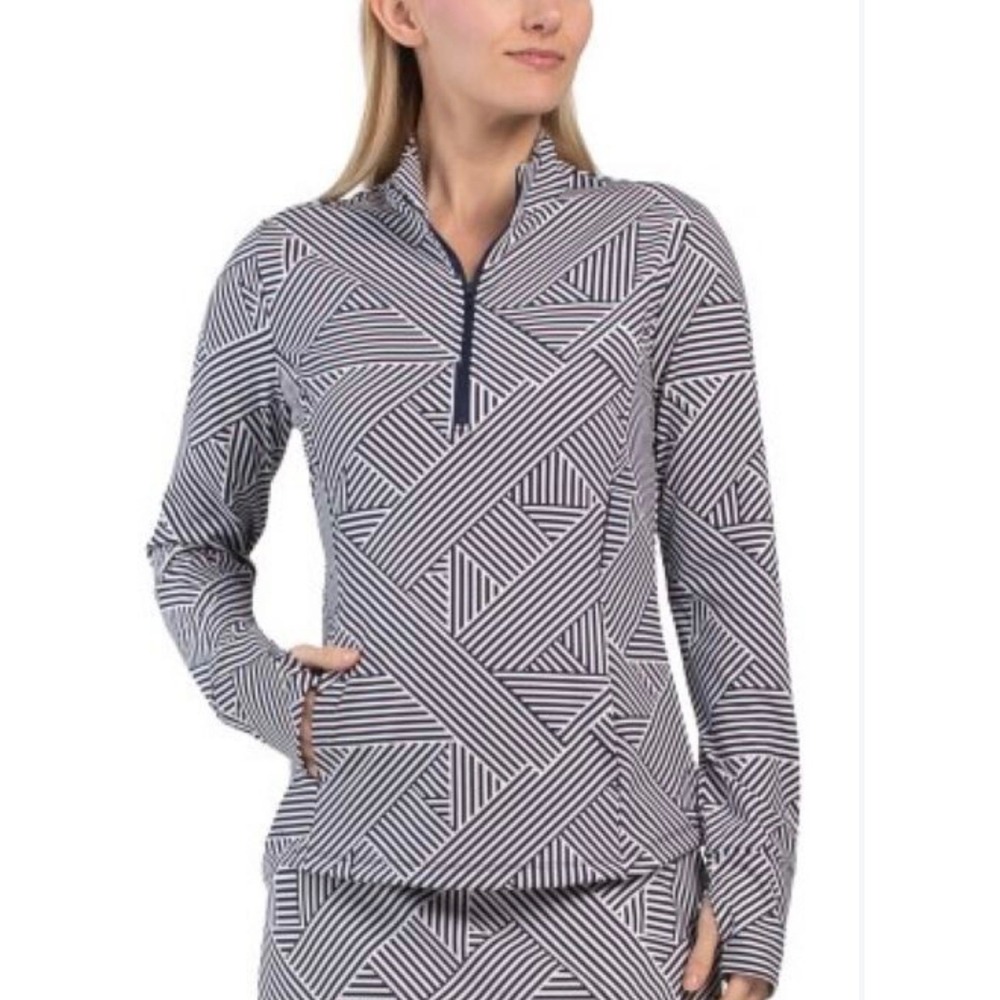 Tommy Bahama Pullover Women L Blue Everyday Active Geometric Stripe 1/4 Zip Top